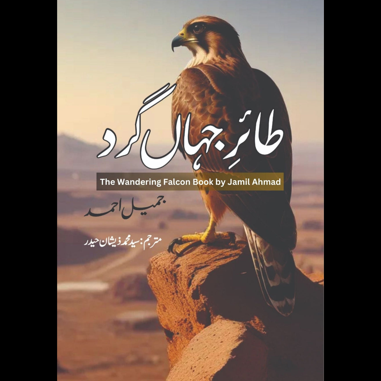 Cover of the book 'The Wandering Falcon' featuring a falcon perched on a rock with a desert landscape in the background.