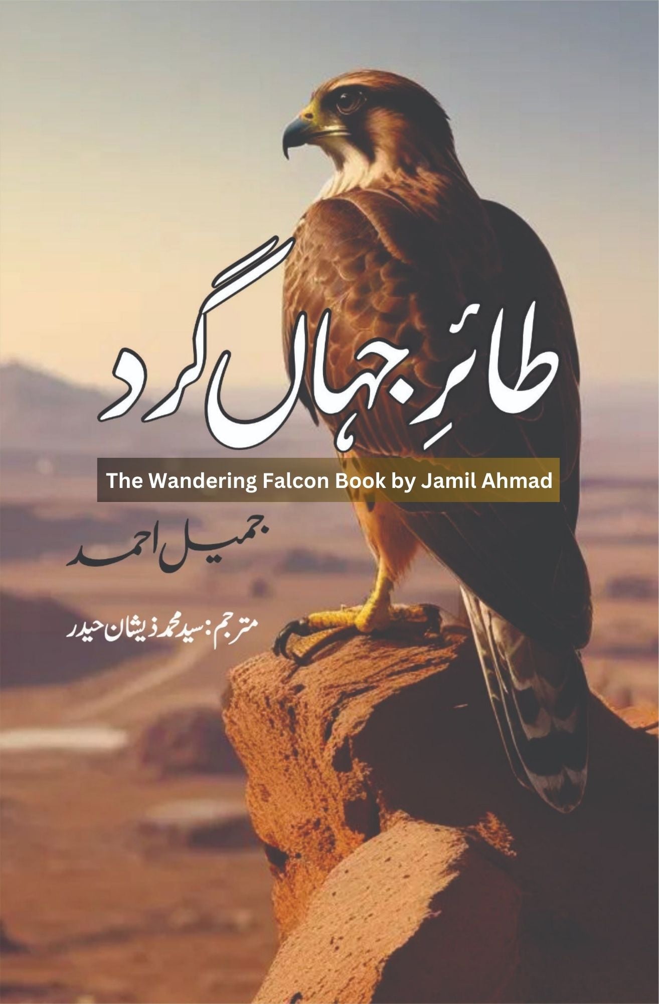 Cover of the book 'The Wandering Falcon' featuring a falcon perched on a rock with a desert landscape in the background.